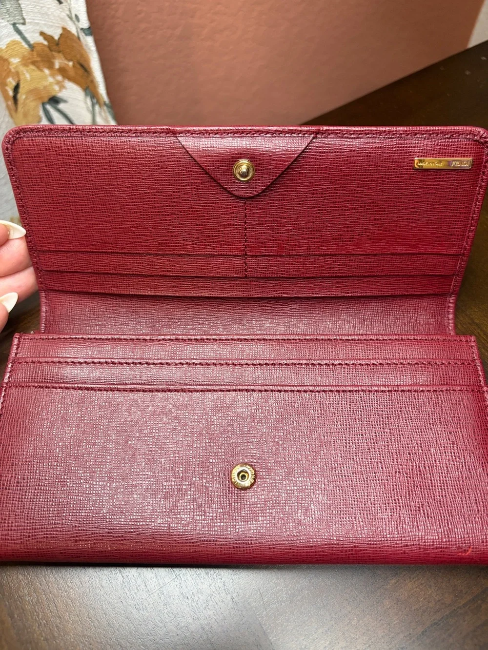 Fendi Burgundy Textured Leather Continental Wallet with Gold Plate with COA